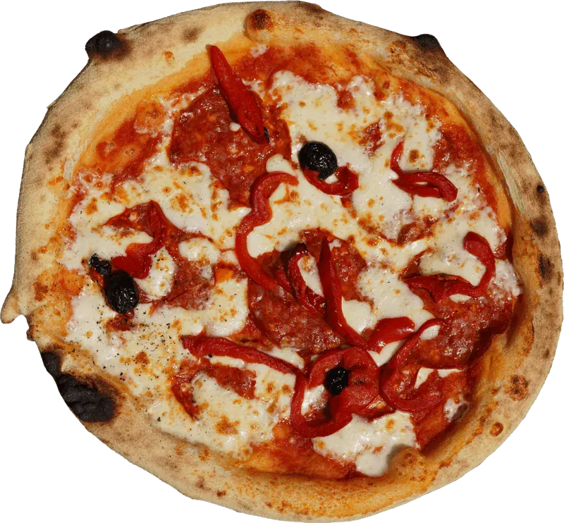 Pizza napolitaine généreuse garnie de mozzarella, chorizo et olives, prête à emporter au Retro