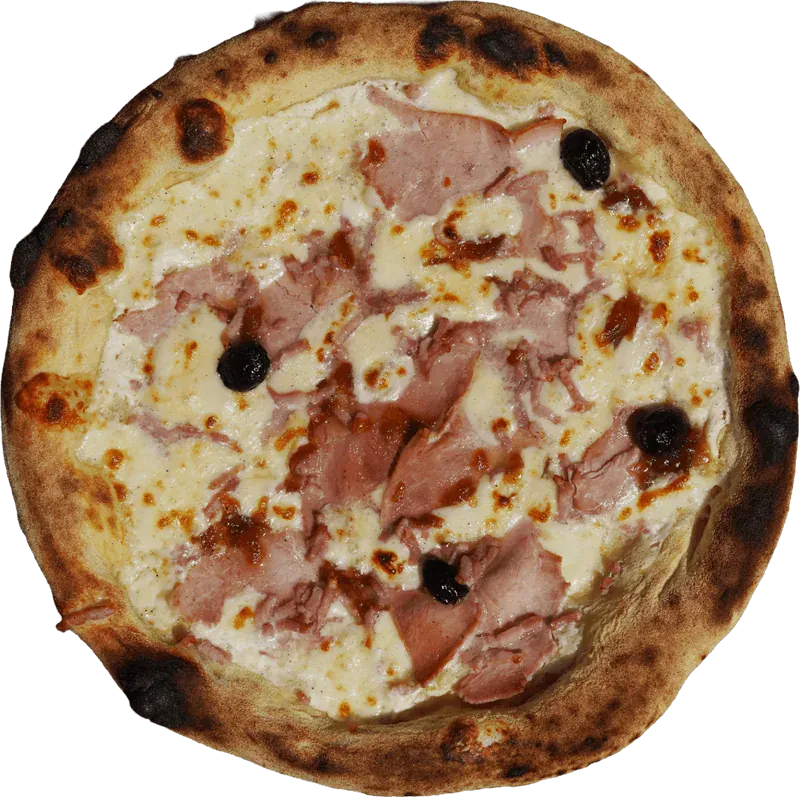 Pizza napolitaine du Retro à Coudoux garnie de jambon, mozzarella et olives noires