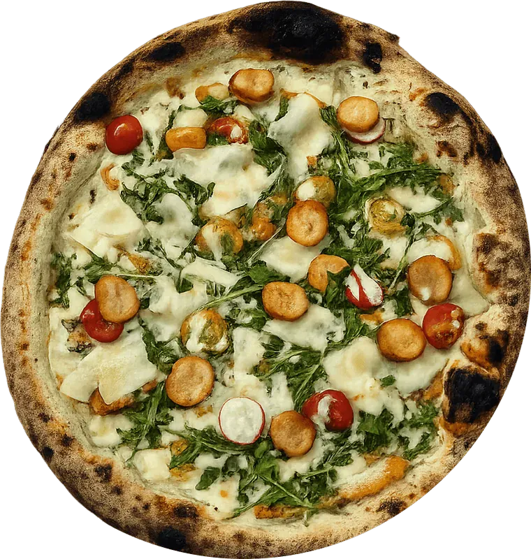 Pizza ouverte garnie de roquette, mozzarella et tomates cerises, aux saveurs bien distinctes