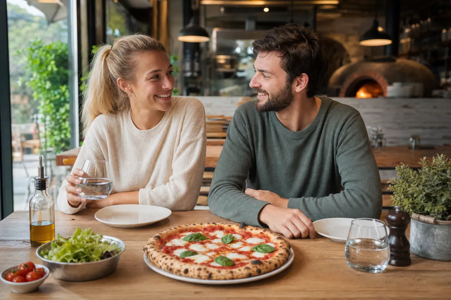 Pizza napolitaine 34 cm entière vue de dessus, roquette, mozzarella et tomates cerises, format à partager à deux au Retro