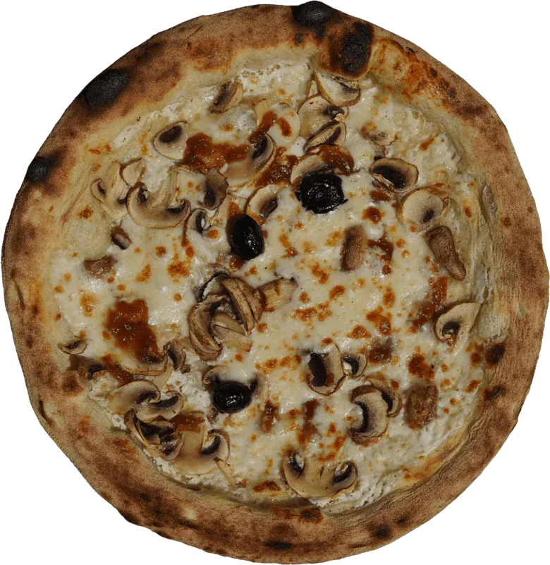 Pizza blanche du Retro aux champignons et olives noires, façonnée à la main à Coudoux