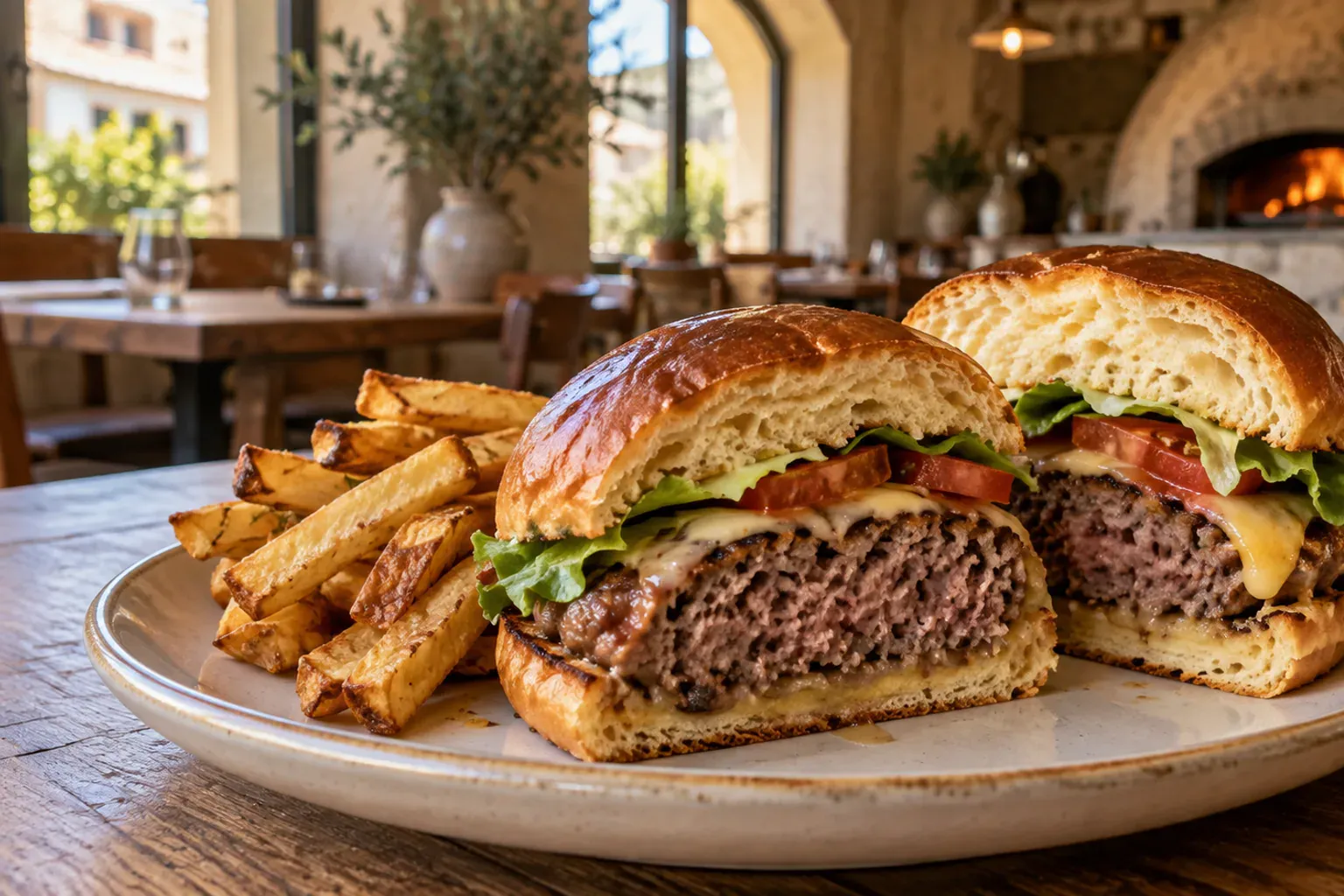 Burger au steak haché frais saisi, fromage fondu et pain brioché, sur fond sombre