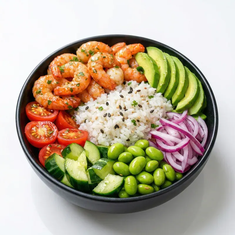 Poke bowl aux crevettes grillées, riz, avocat et edamame, un choix qui fait consensus au bureau