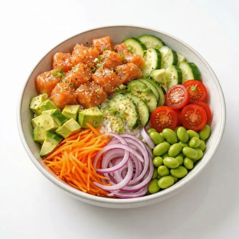 Poke bowl maison au saumon, avocat, edamame et carottes, recette equilibree etape par etape