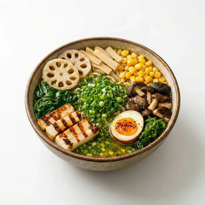 Bol de ramen aux nouilles de blé, tofu grillé, œuf mollet et légumes, préparé à Melun