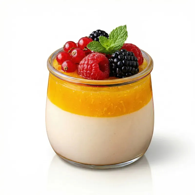 Verrine de dessert crémeux nappée de coulis de fruits et garnie de fruits rouges