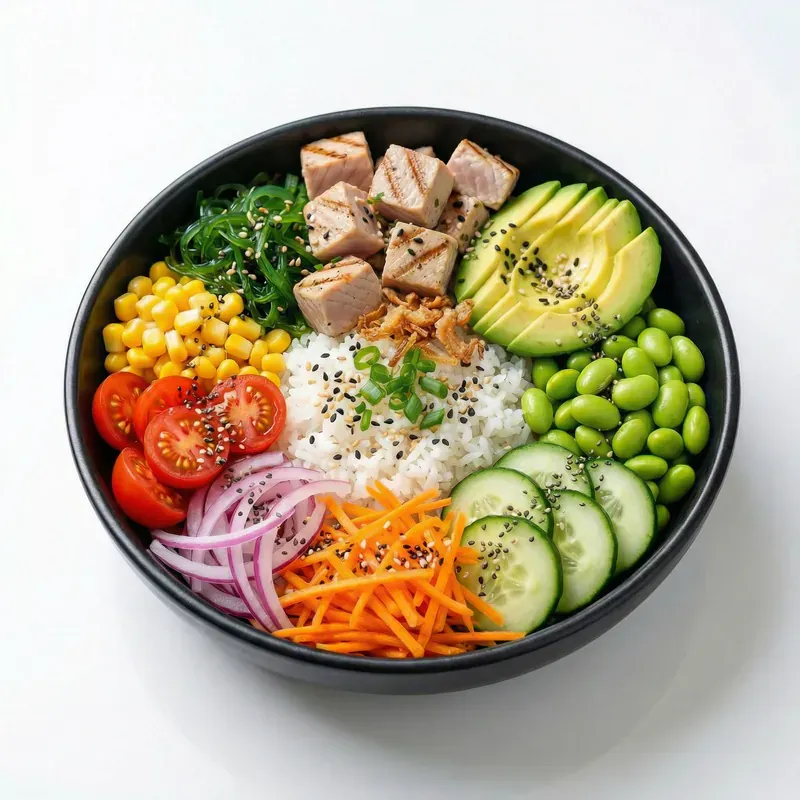 Poke bowl au thon avec riz, avocat, edamame et legumes, illustrant les couches d'un bol equilibre