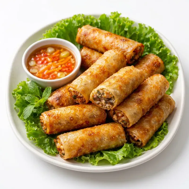 Entree croustillante frite servie sur salade avec sauce, dans l'esprit des gyoza qui accompagnent le ramen