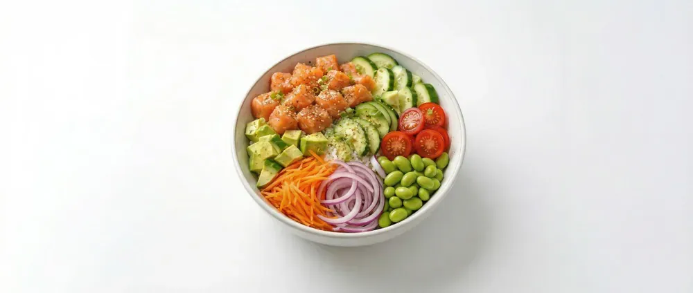 Salmon poke bowl with avocado and fresh vegetables to take away from Melun town centre
