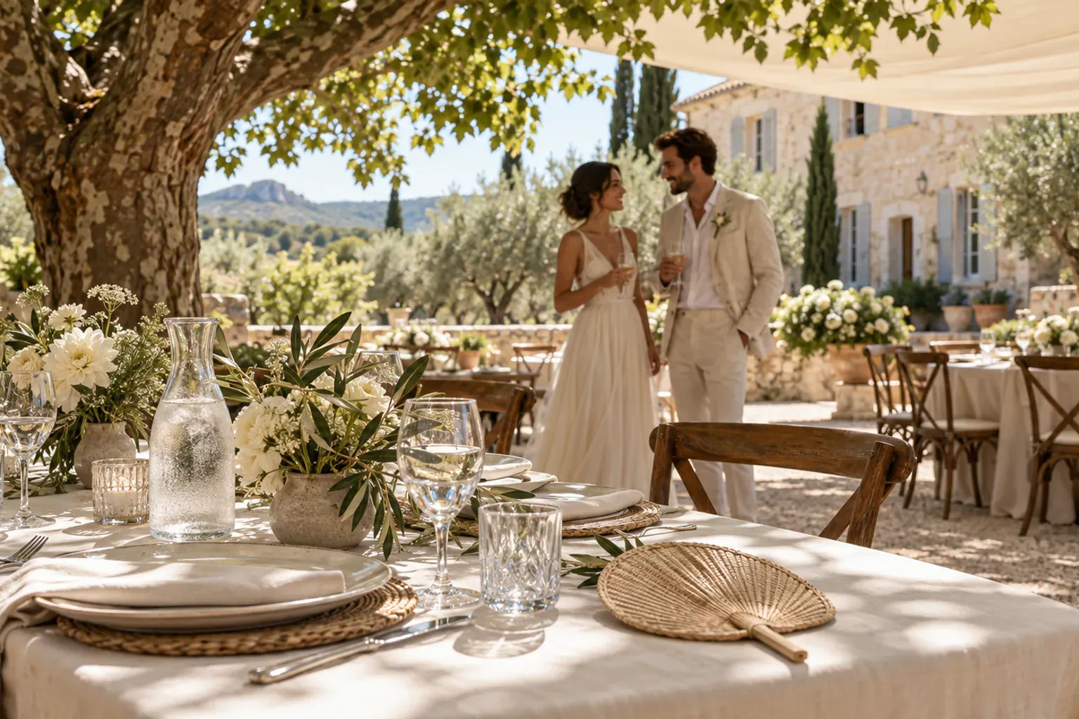Terrasse ombragée aux tables rondes nappées de jaune sous les arbres, cadre d’un mariage d’été en Provence