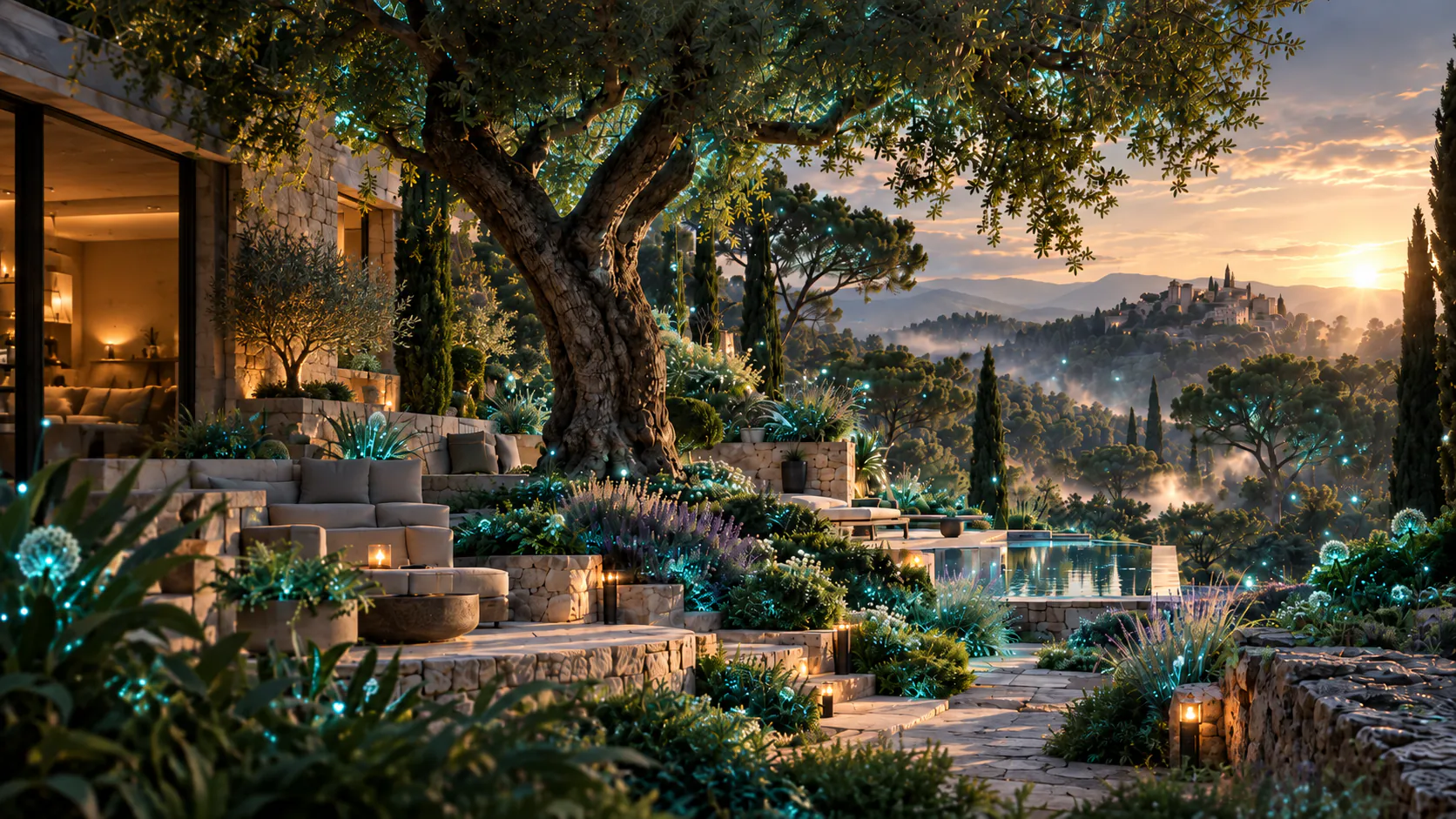 Jardin méditerranéen en restanques au crépuscule, olivier centenaire, terrasse en pierre et vue sur un village perché
