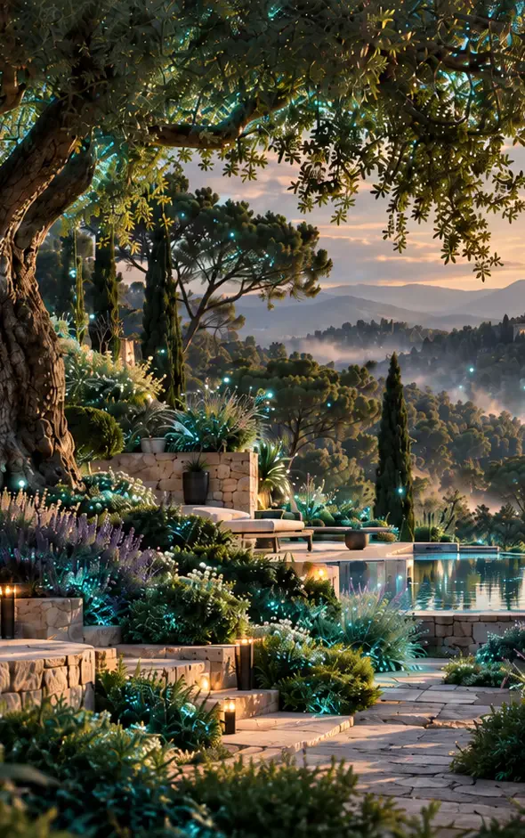 Jardin méditerranéen en terrasses avec piscine et vue sur les collines provençales au crépuscule