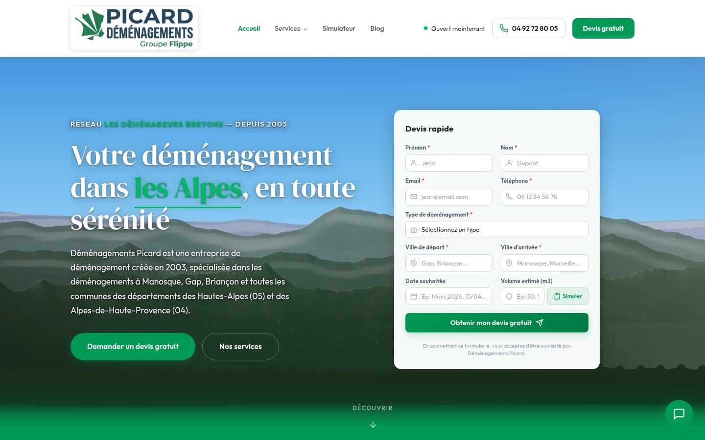Site de Déménagements Picard, réalisation Digiflow