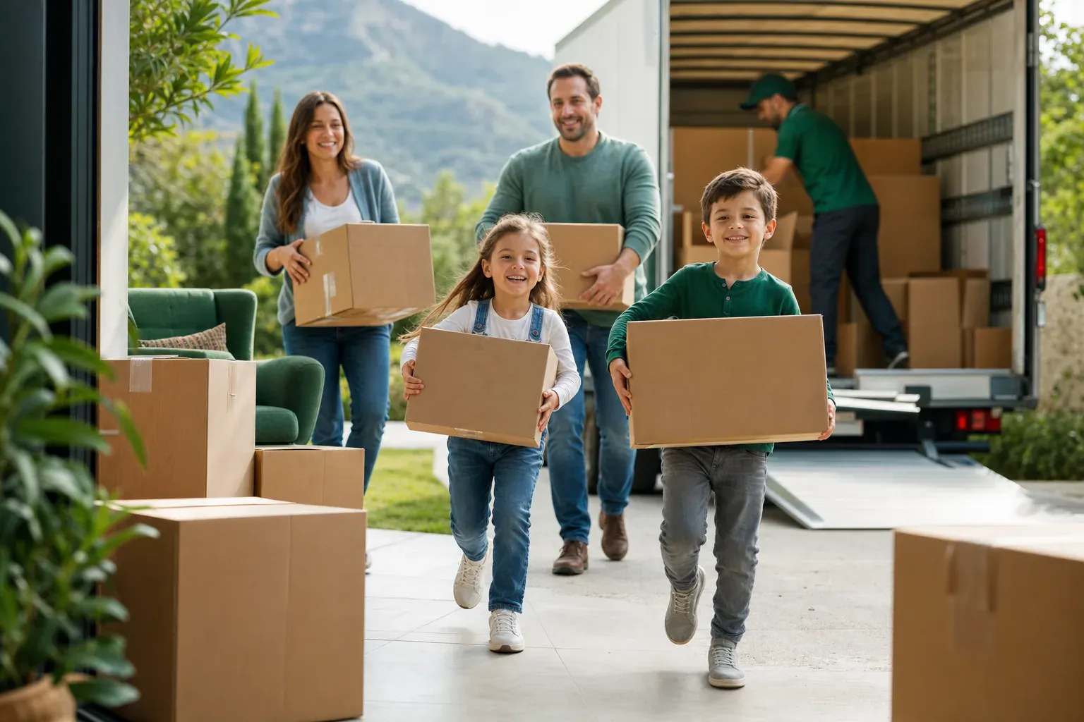 Illustration d'une famille préparant un déménagement en douceur avec ses enfants