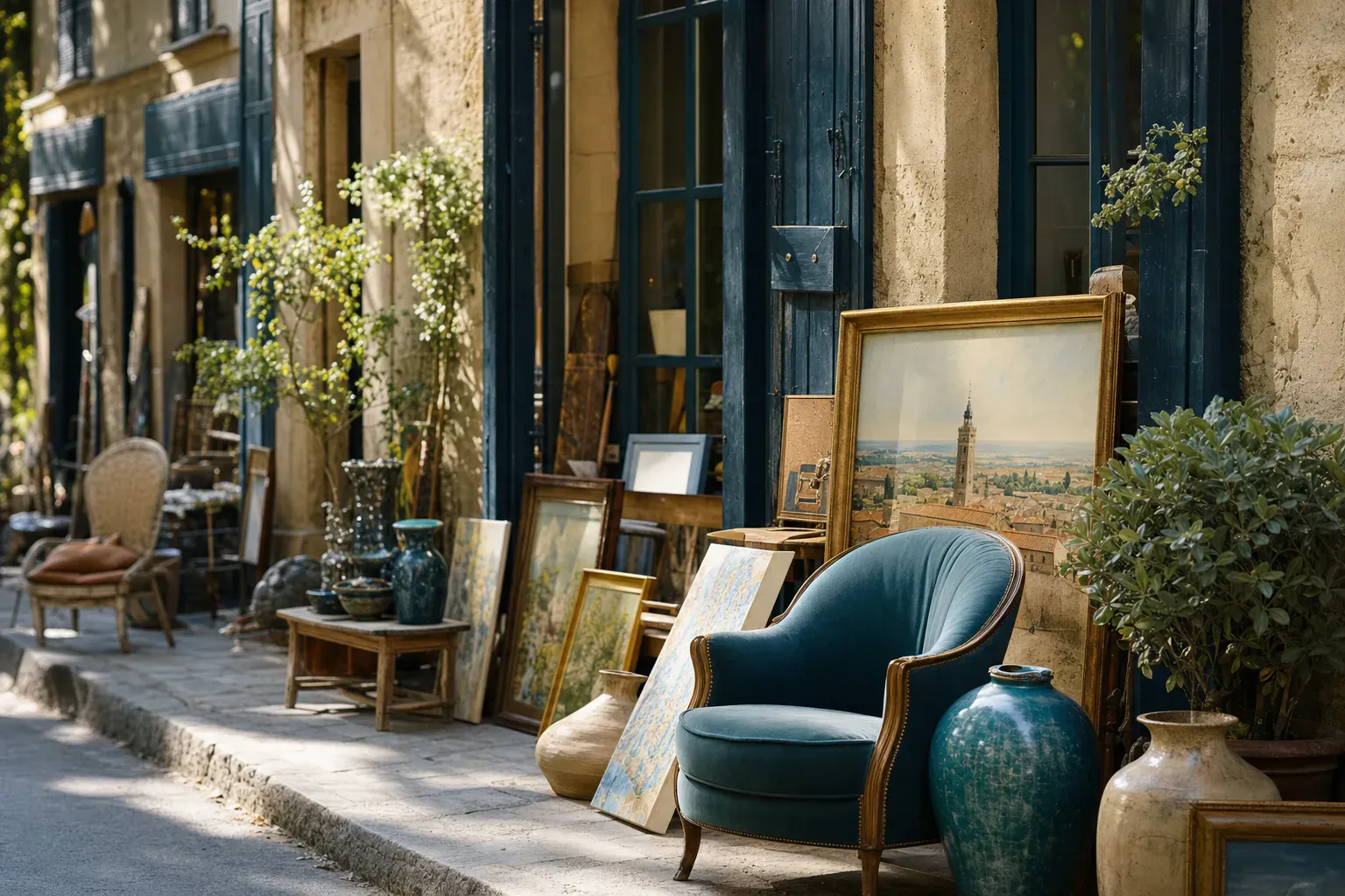 Coin salon provençal avec table en marbre, chaises anciennes et plante verte devant une fenêtre lumineuse