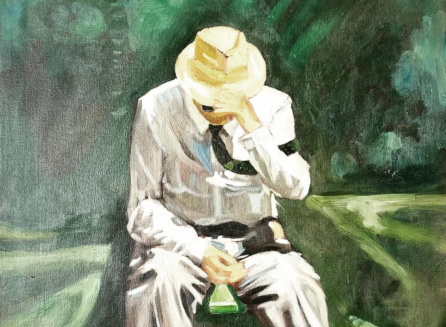 Peinture : un homme au chapeau, à l'ombre des arbres