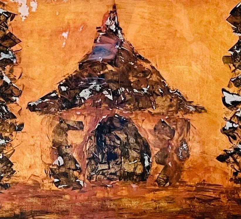 Painting: a cabin in ochre tones
