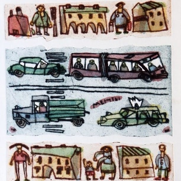 Naïve illustration: street scenes and vintage cars