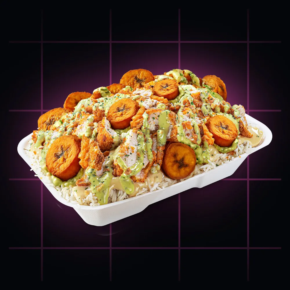 Crousty Green : tenders et alloco, sauce verte et oignons crispy