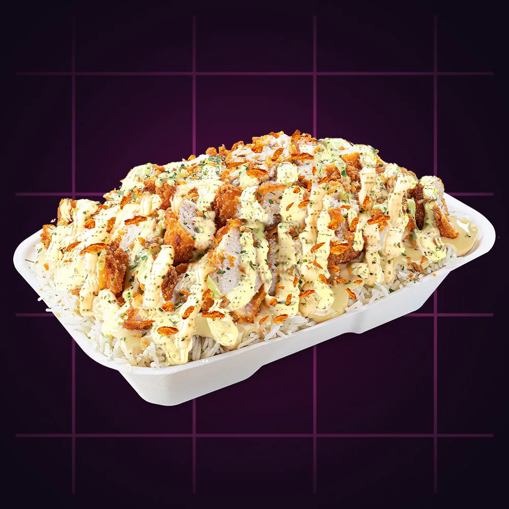 Crousty Boursin : riz, tenders, sauce crousty boursin et oignons crispy