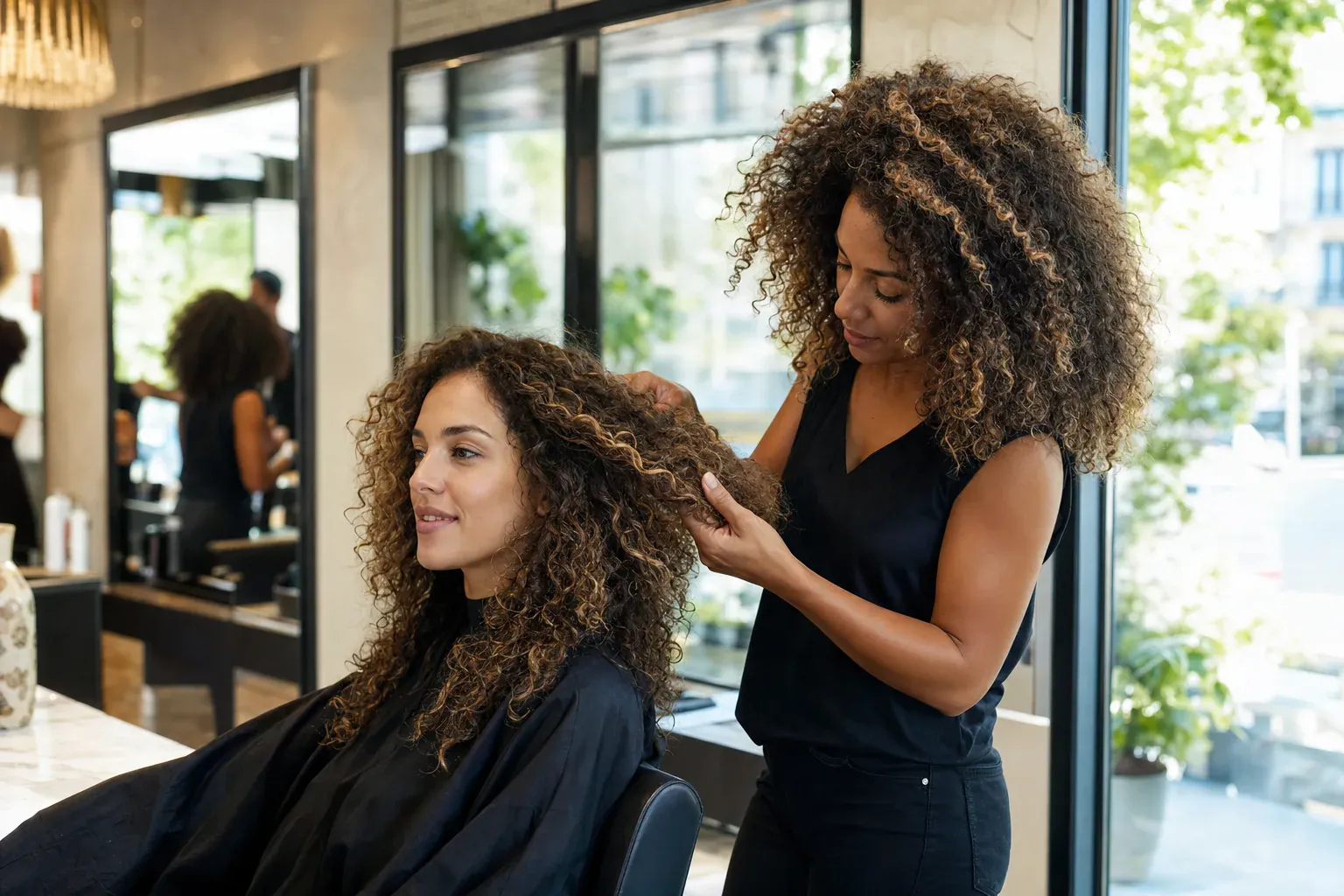 Coiffeuse coupant aux ciseaux une mèche de cheveux tenue au peigne, au salon de Lyon 3