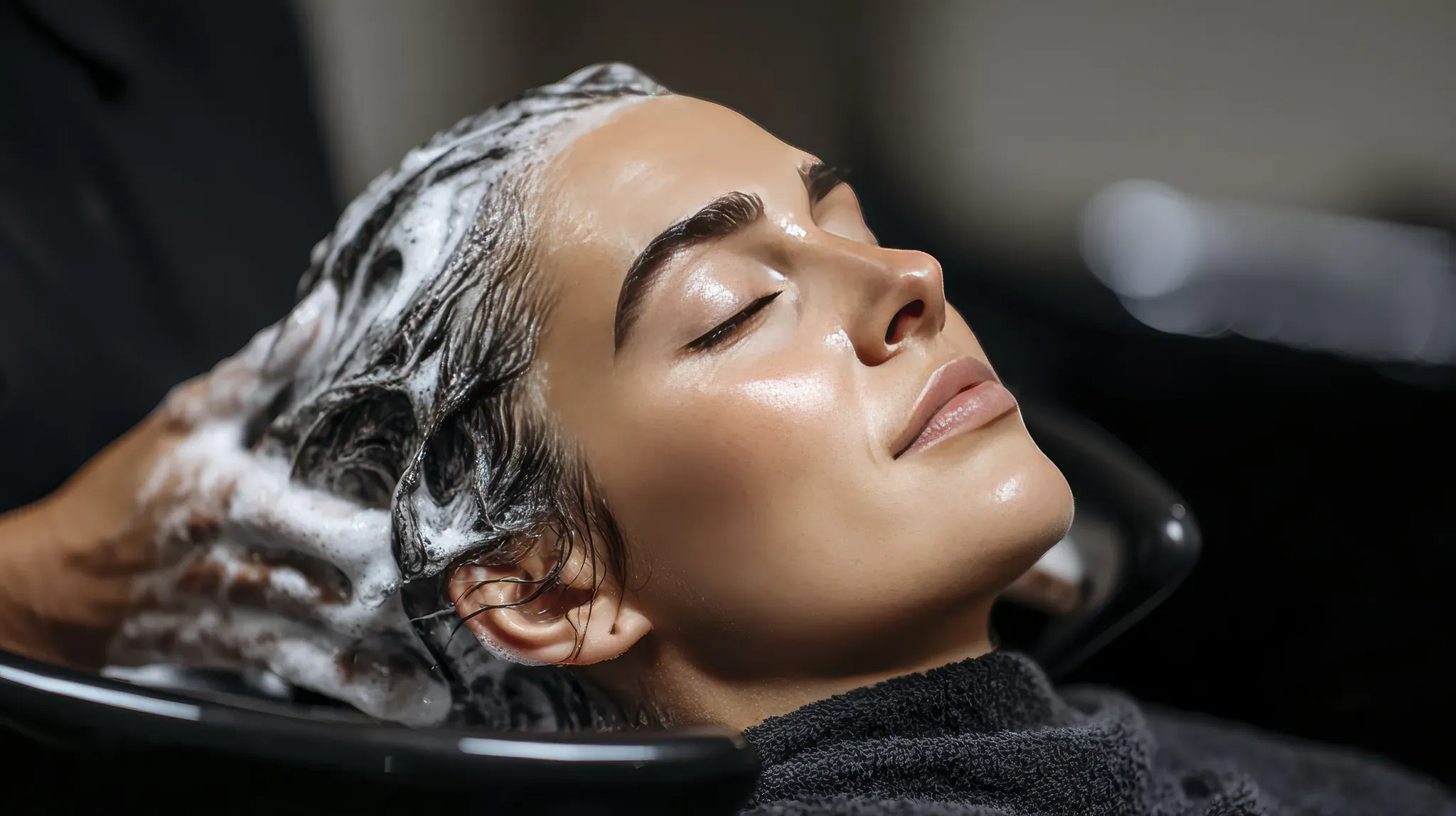 Cliente au bac de lavage lors d'un shampoing doux adapté à un lissage