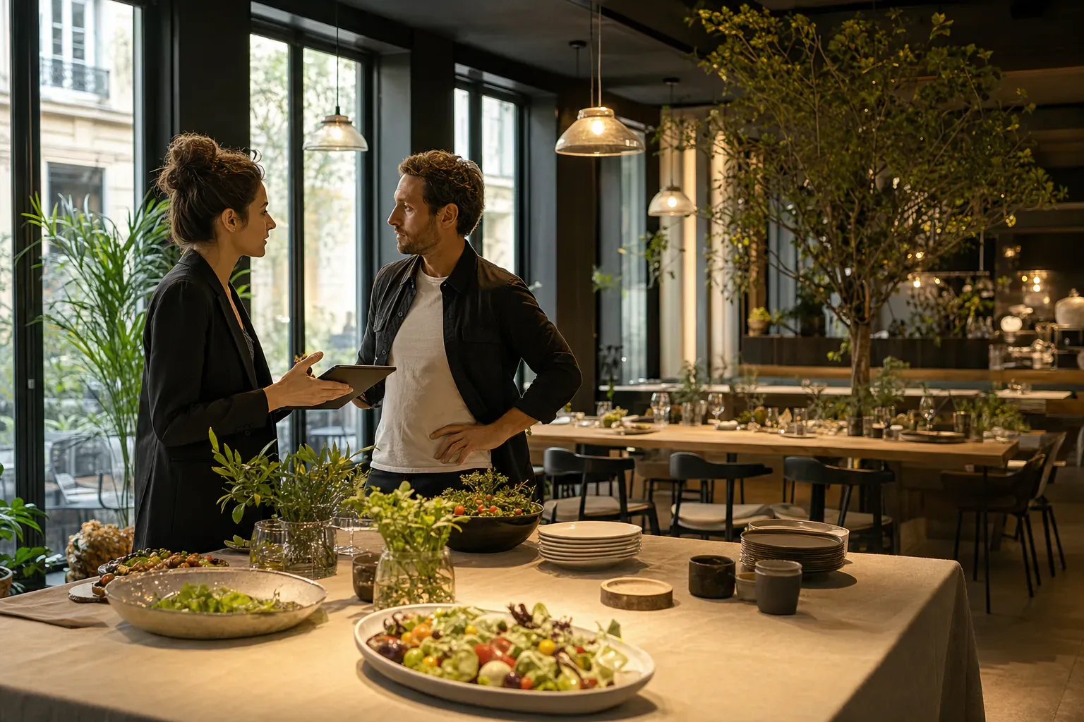 Illustration d'une salle de restaurant dressée pour une privatisation, avec tables de groupe et lumière chaleureuse.