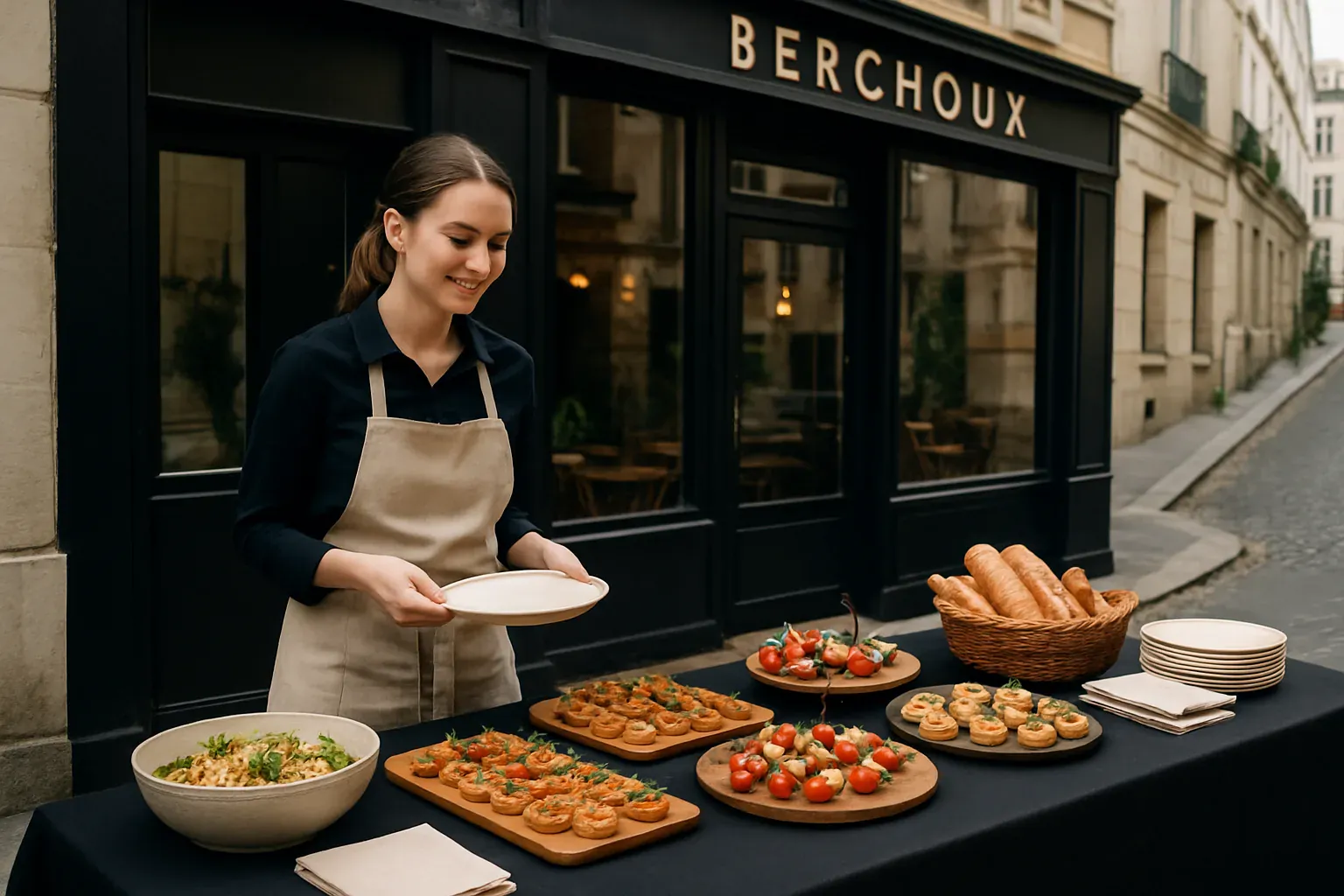 Illustration d'un repas d'entreprise anti-gaspi organisé avec un traiteur à Montmartre, avec des quantités justes pour chaque invité.