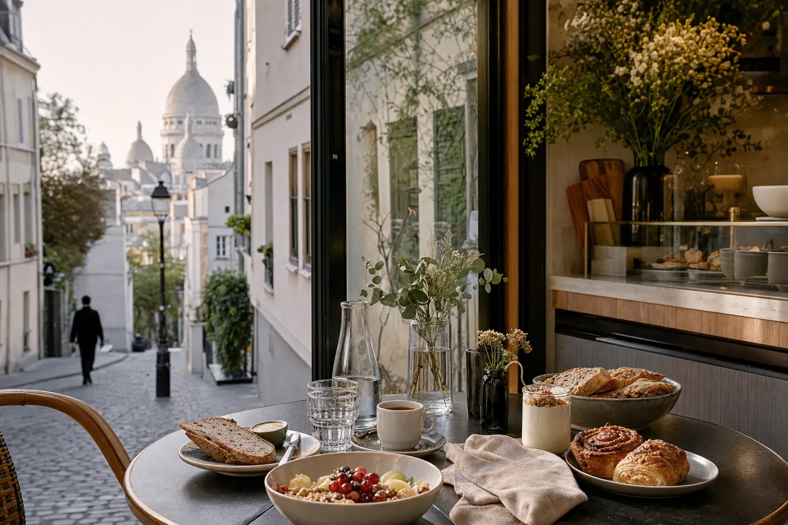 Illustration d'un petit-déjeuner dans un café de Montmartre, en écho à la vague des coffee shops et du brunch à Paris