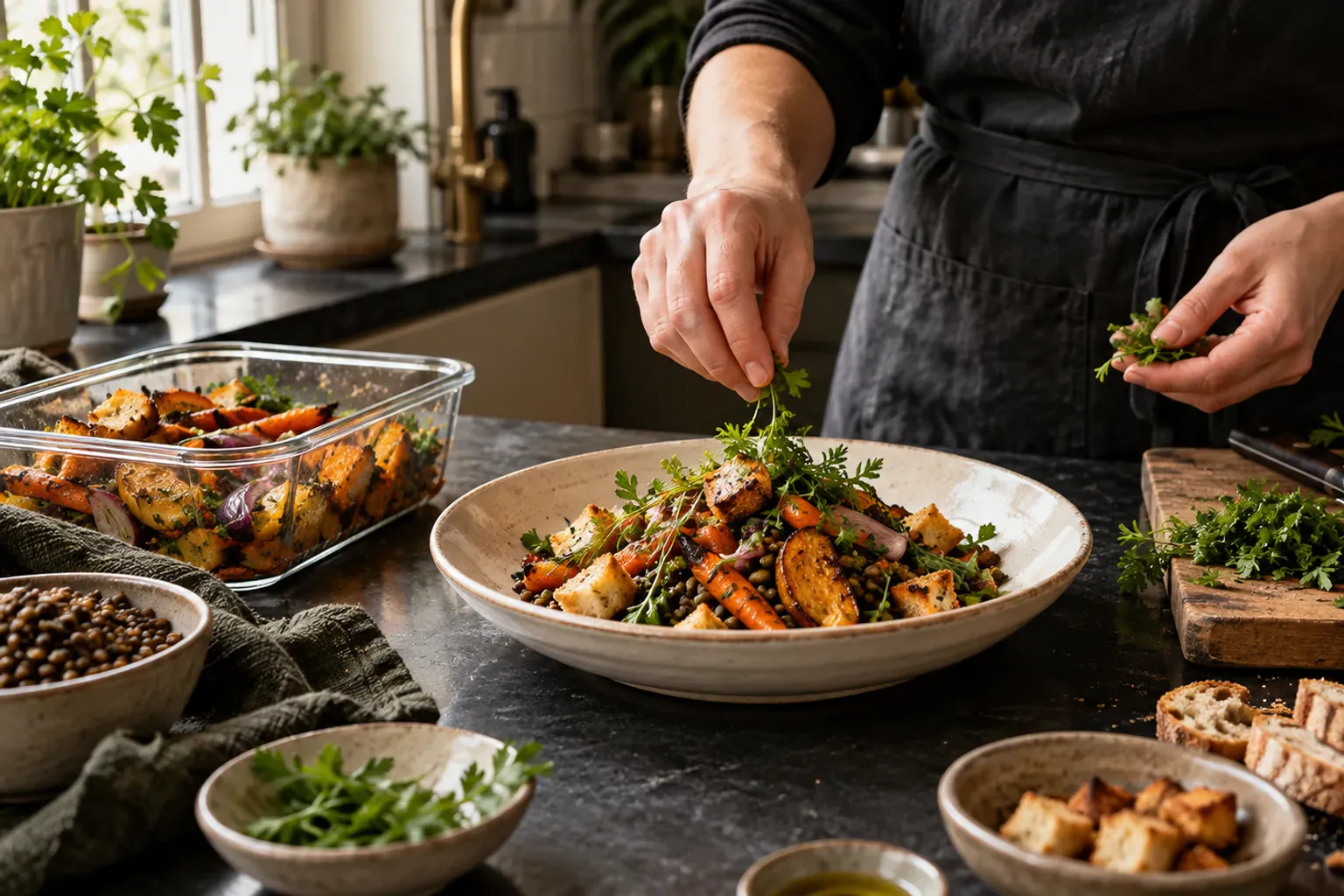 Illustration d'une cuisine de marché colorée, légumes frais et plats maison, pour des idées repas anti-gaspi