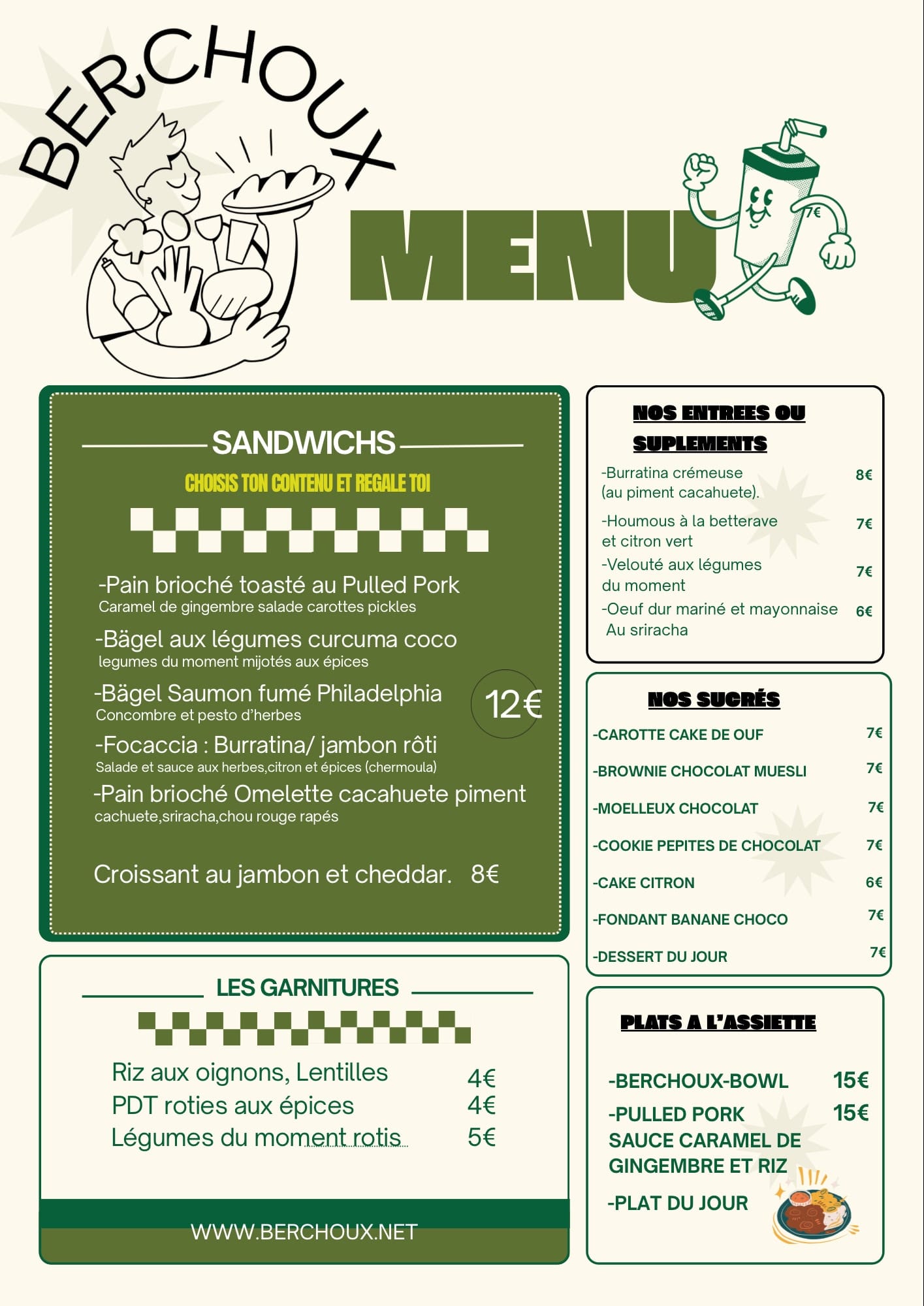 Carte officielle du restaurant Berchoux à Montmartre (Paris 18), menu du midi à 15 €