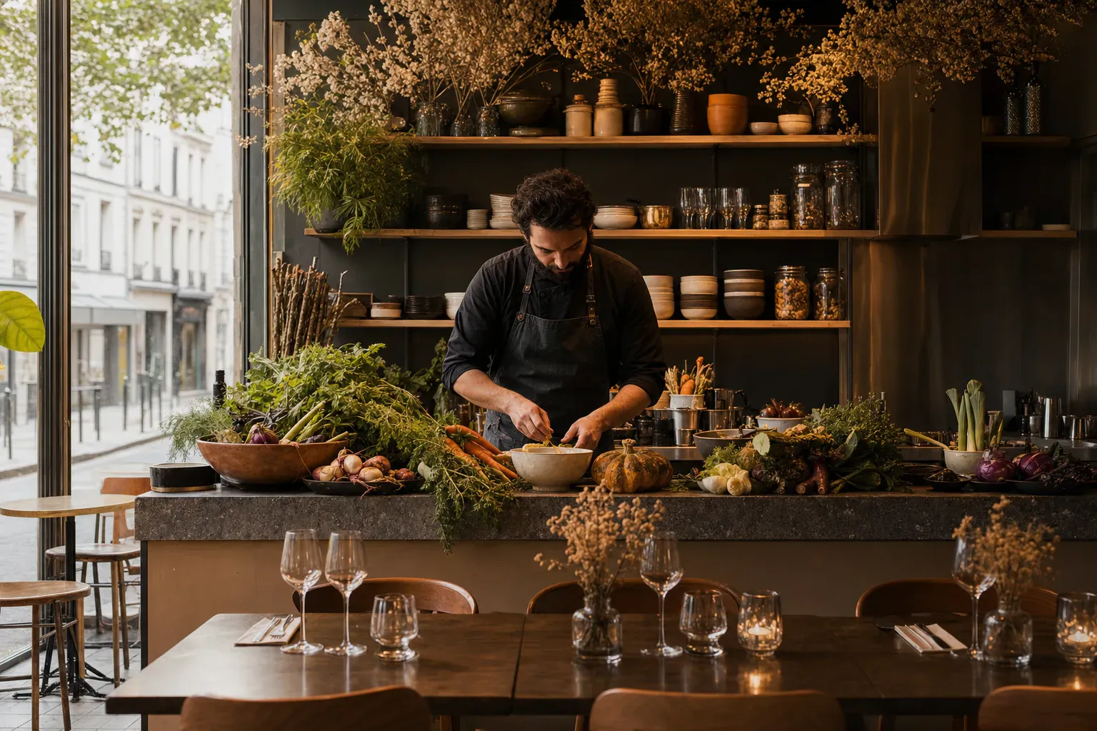 Illustration de la cuisine de marché de saison préparée au restaurant