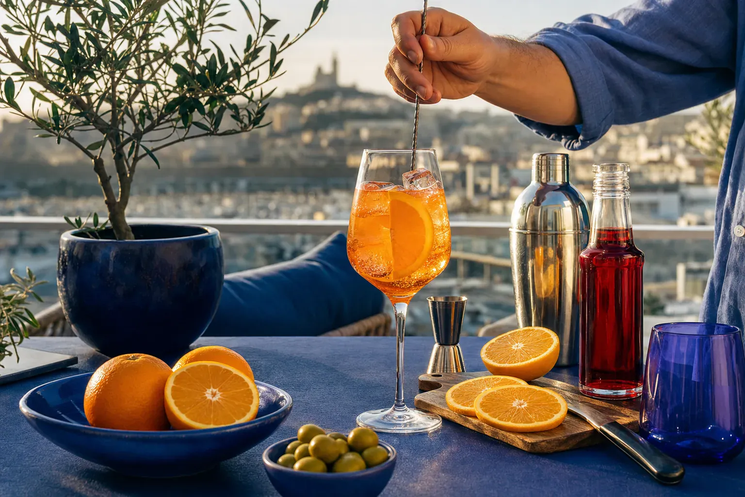 Groupe d'amis trinquant avec des spritz orangés lors d'une soirée d'été en terrasse