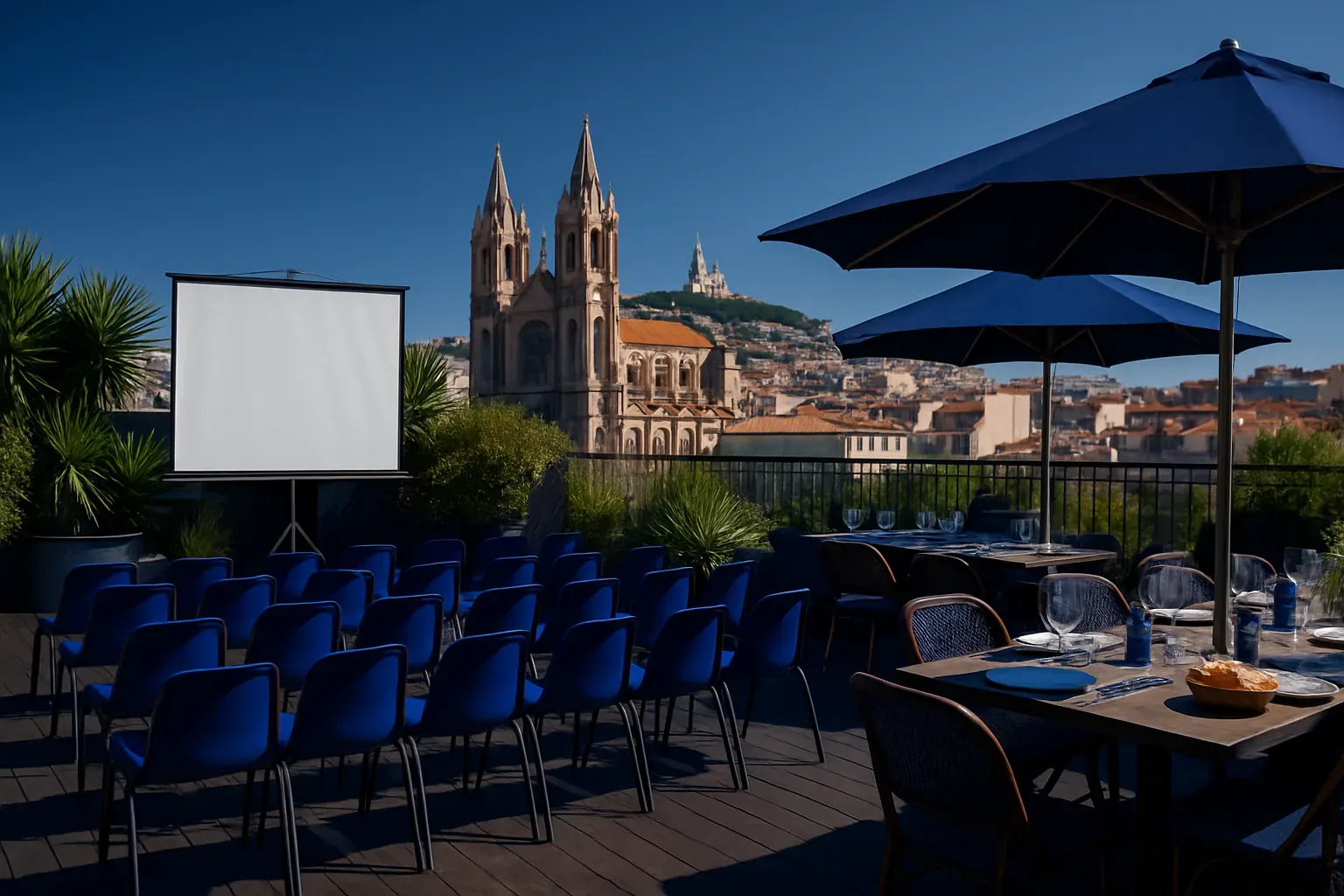 Espace événementiel du rooftop configuré pour un séminaire d'entreprise à Marseille