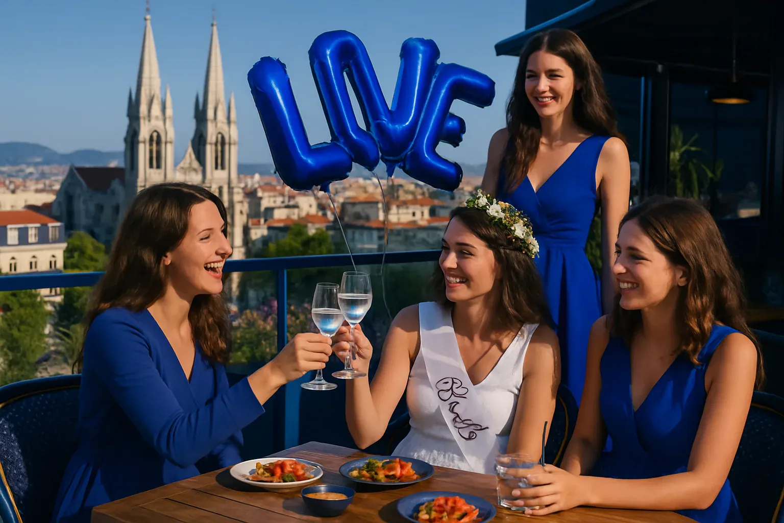 Groupe d'amies célébrant un EVJF avec des cocktails sur la terrasse du rooftop
