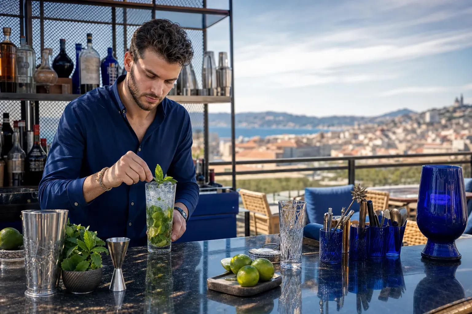 Deux personnes trinquent avec des cocktails frais sur une terrasse en rooftop face à une église marseillaise