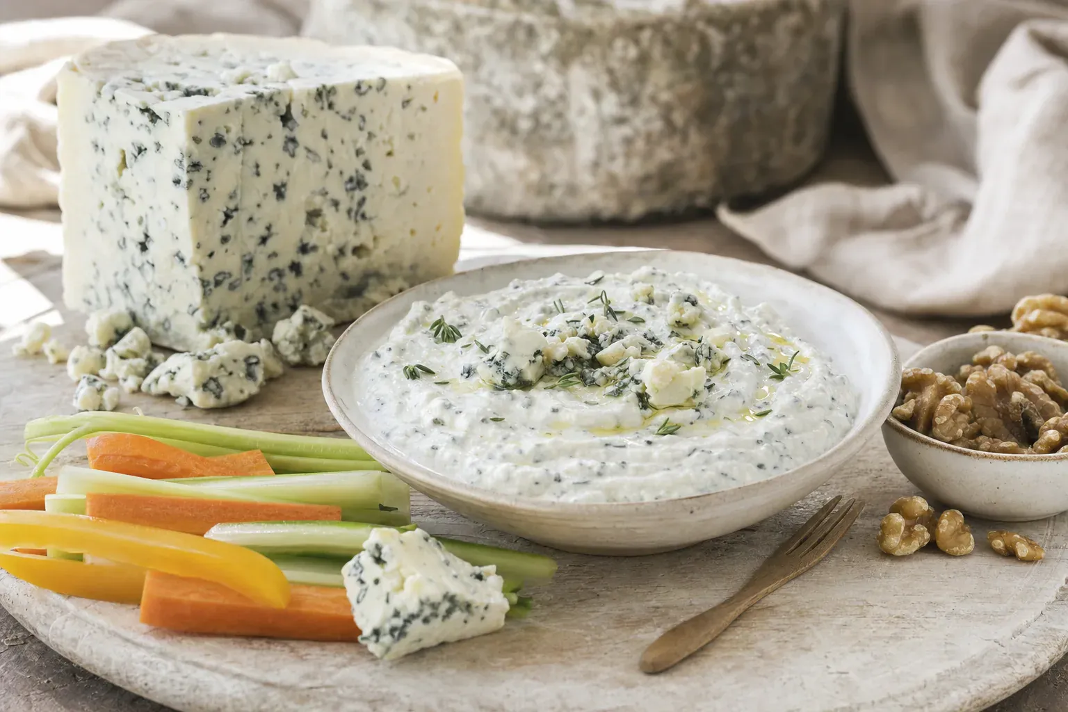 Homemade Roquefort cream served as an apéritif dip with endives and breadsticks