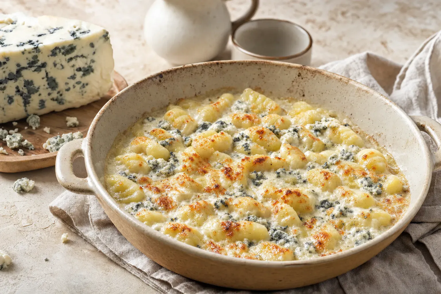 Golden potato gnocchi coated in a creamy Roquefort sauce with walnuts