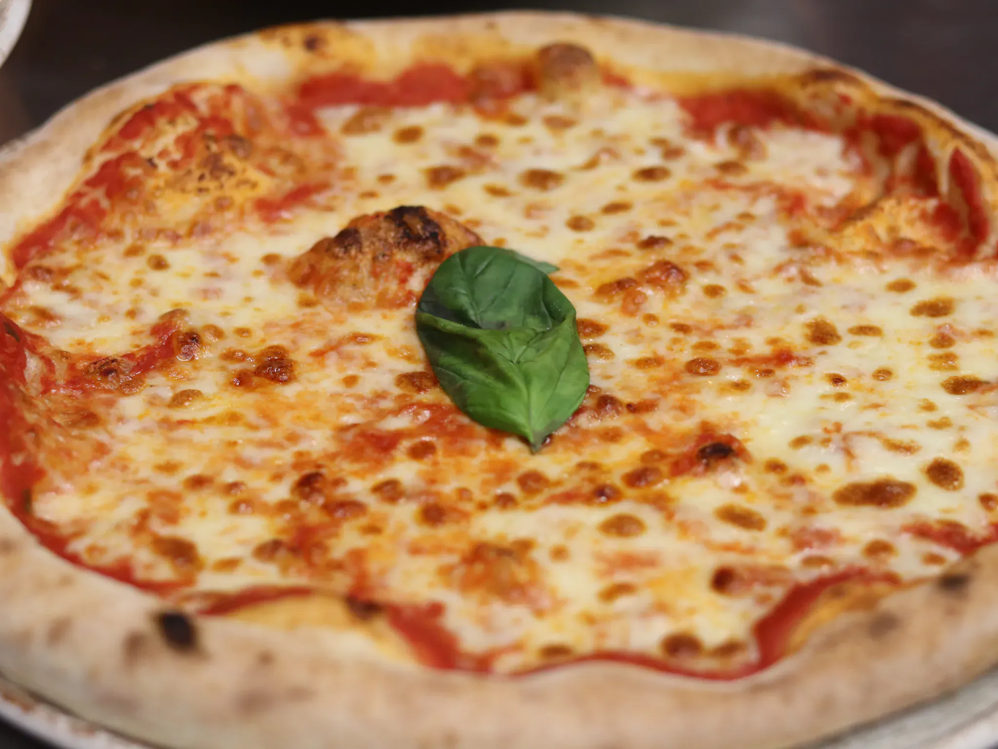 Margherita pizza with melted mozzarella and fresh basil