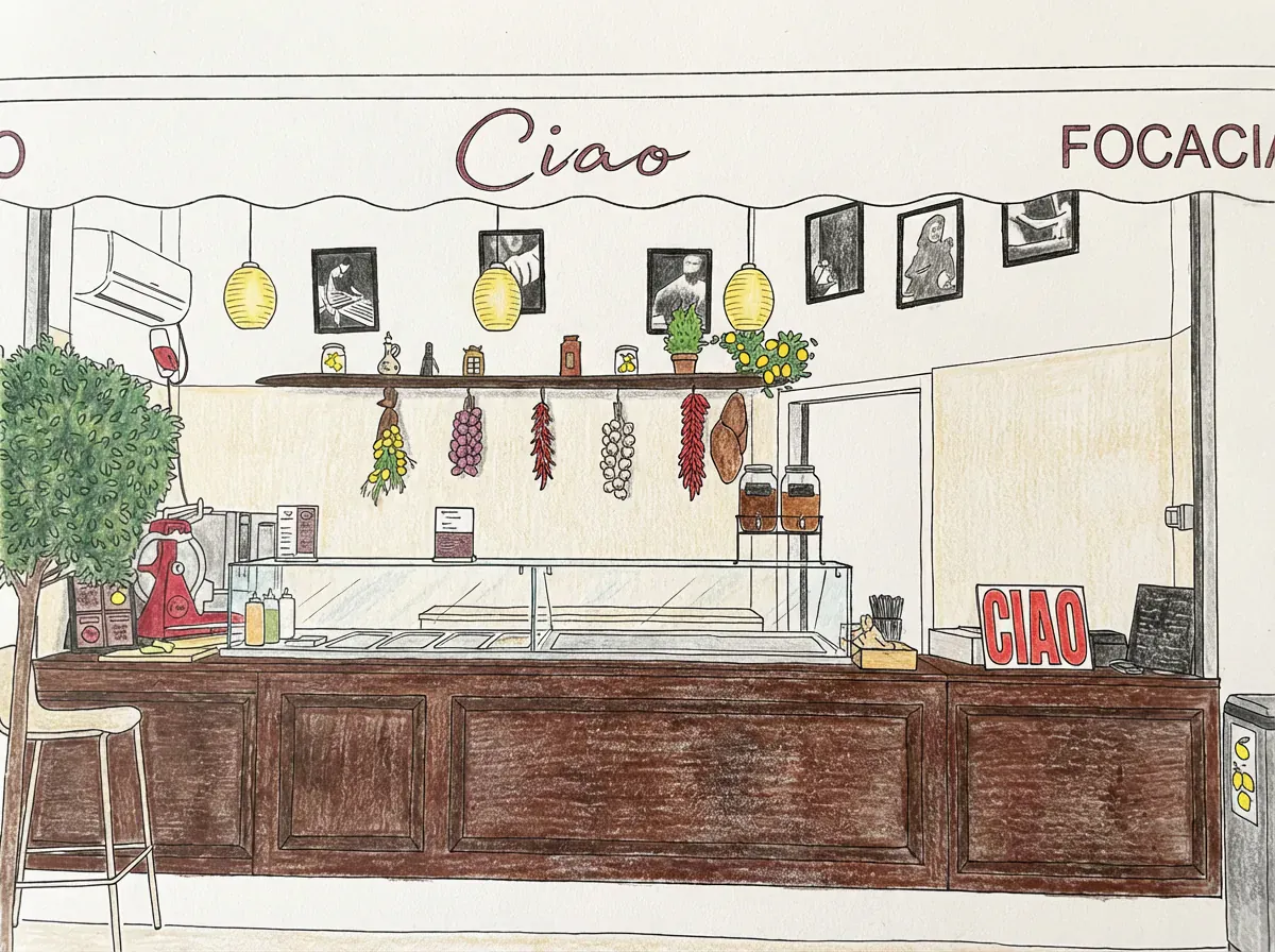 Illustration d'un comptoir de restaurant italien Ciao Focaccia, focaccia et burrata Illustration d'un comptoir de restaurant italien Ciao Focaccia, focaccia et burrata
