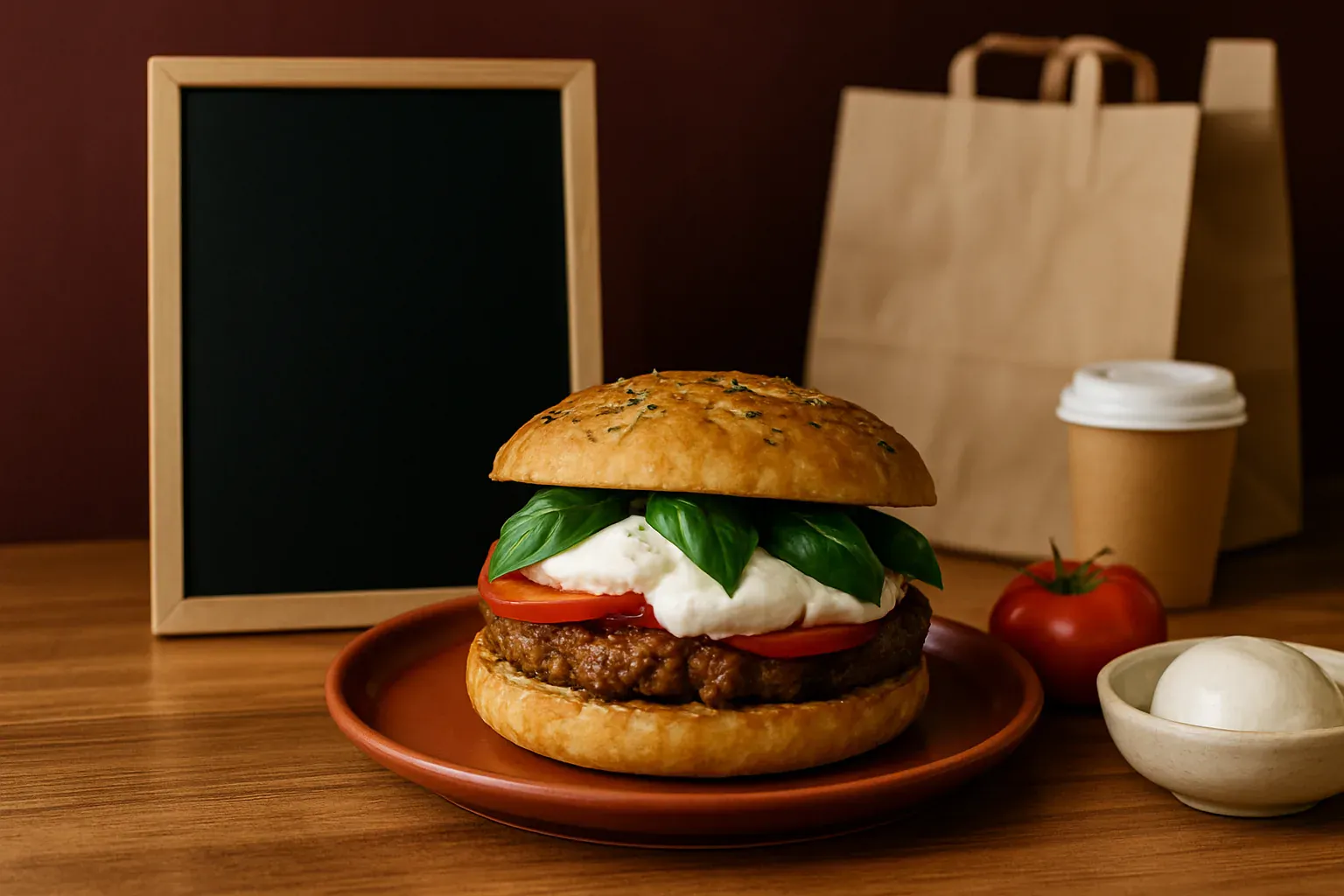 Le burger italien : pain focaccia, fromages italiens et charcuterie Illustration d'un burger italien au pain focaccia, fromages italiens et coppa grillée