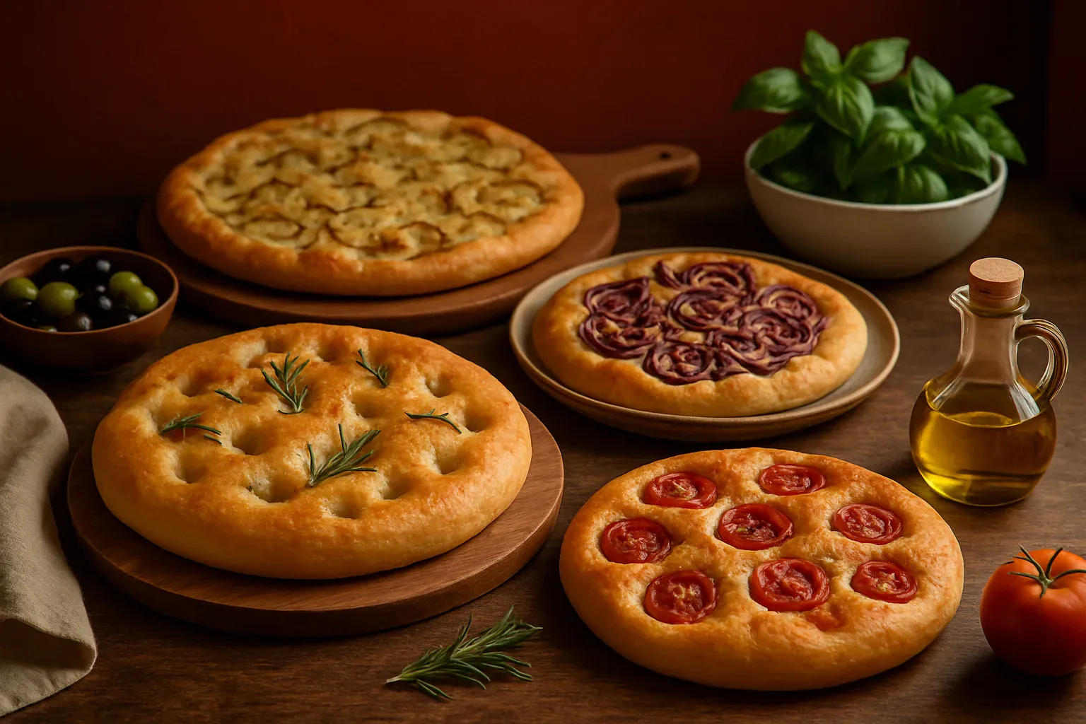 Qu'est-ce qu'une vraie focaccia italienne : le pain italien focaccia Illustration d'une vraie focaccia italienne dorée, pain italien à l'huile d'olive