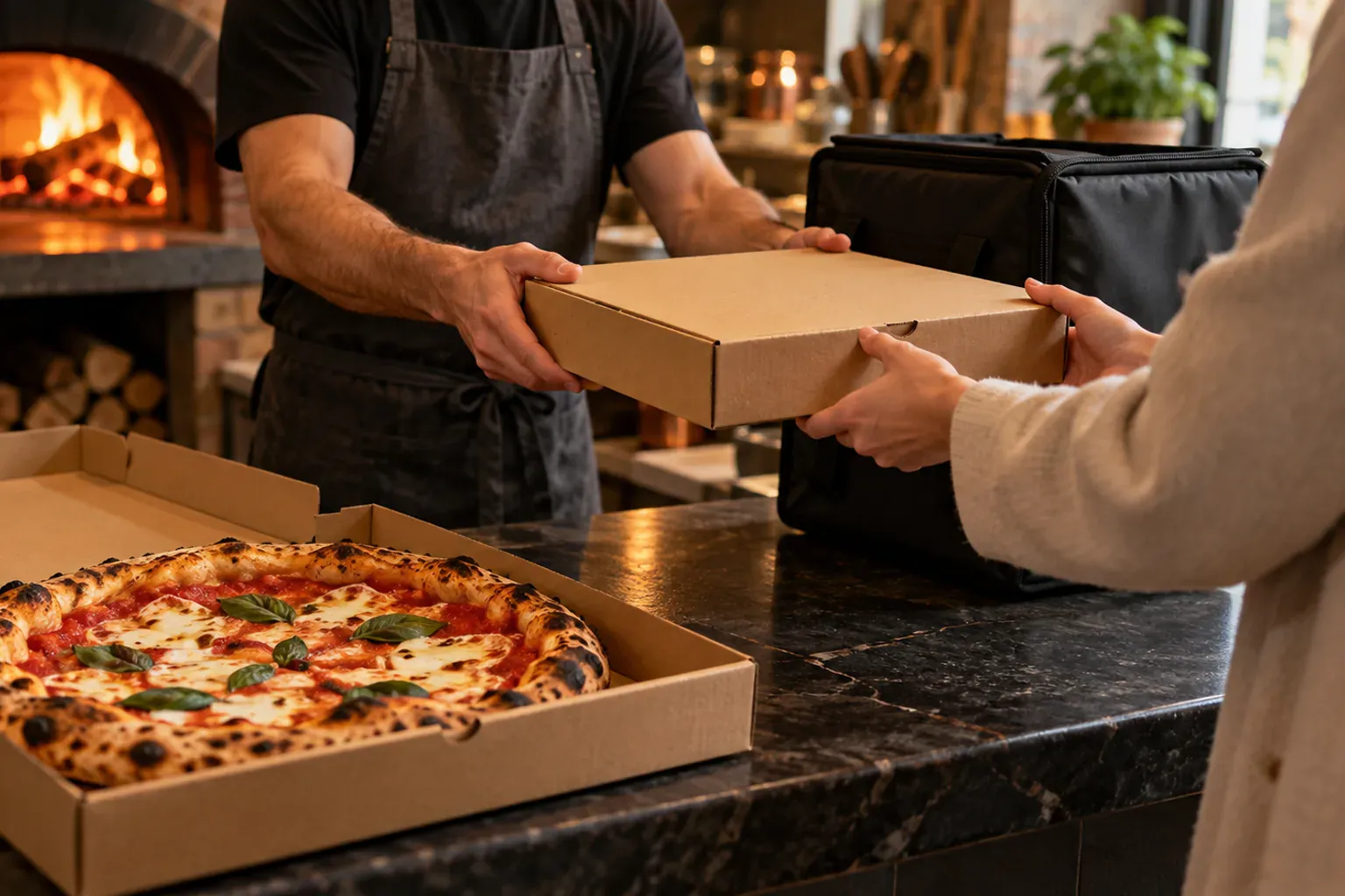 Illustration comparant une pizza à emporter au comptoir et une pizza livrée à domicile