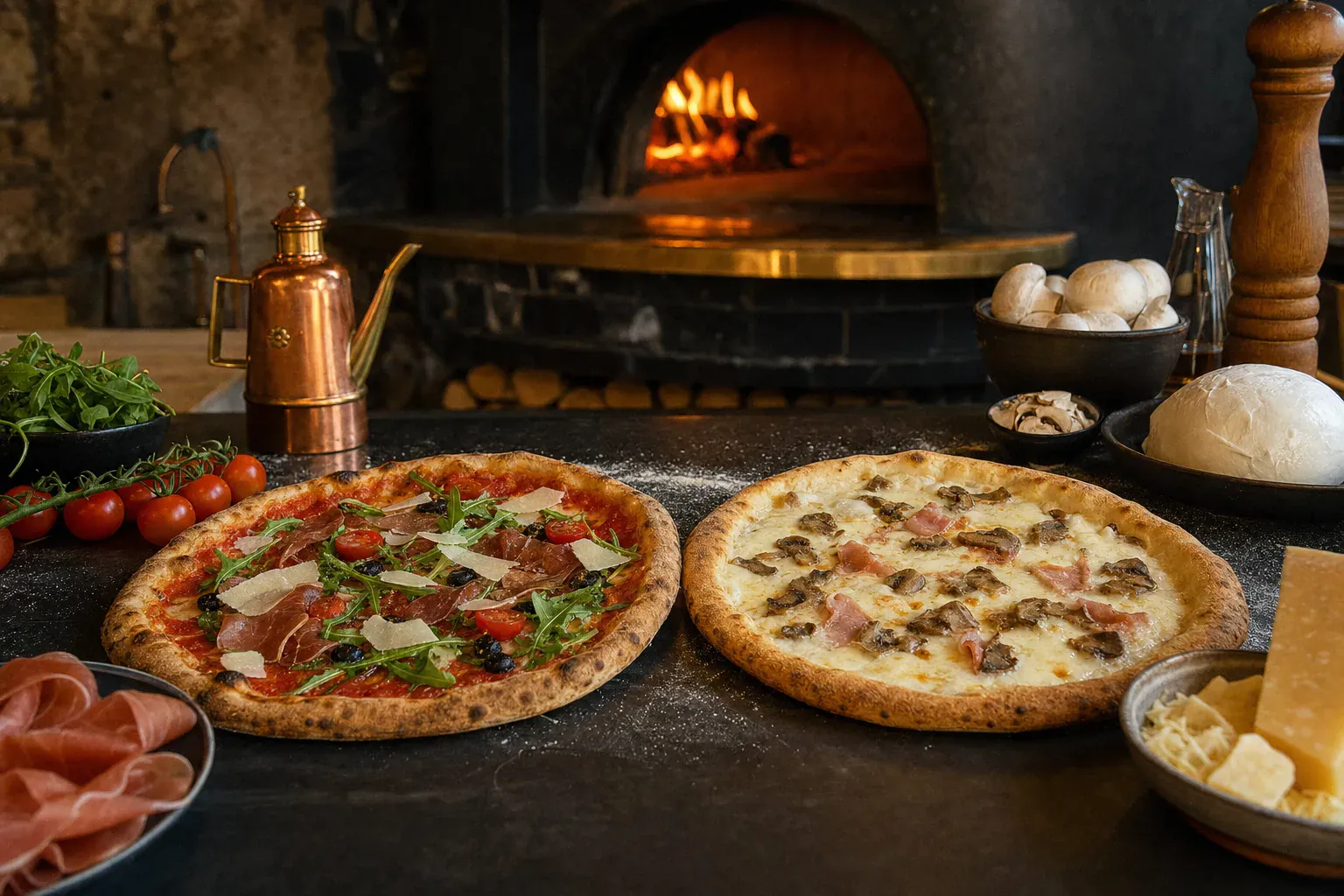 Illustration comparant une pizza gourmande sur base tomate et une pizza crémeuse sur base crème