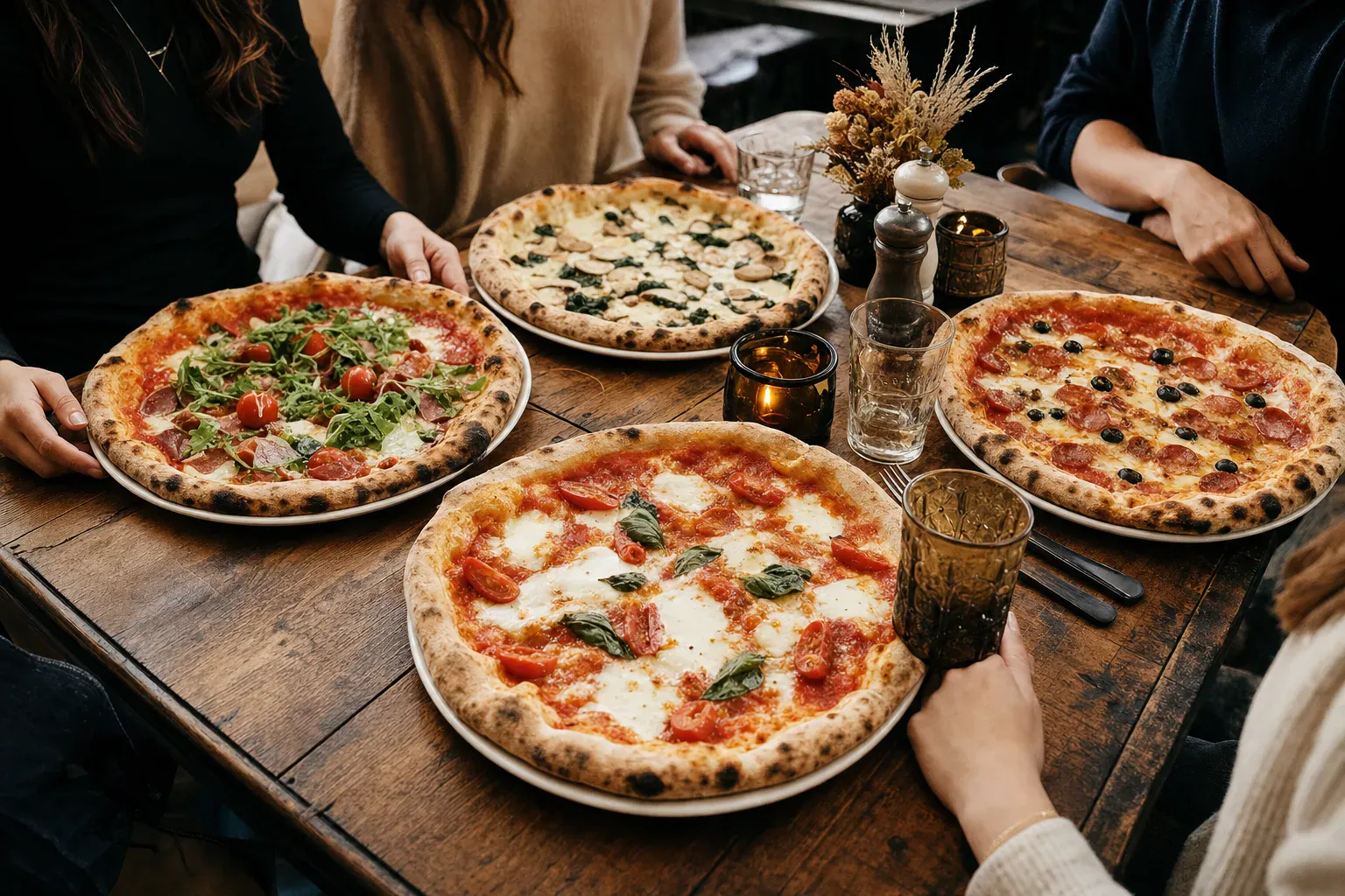 Plusieurs pizzas napolitaines posées sur une table pour un repas à quatre
