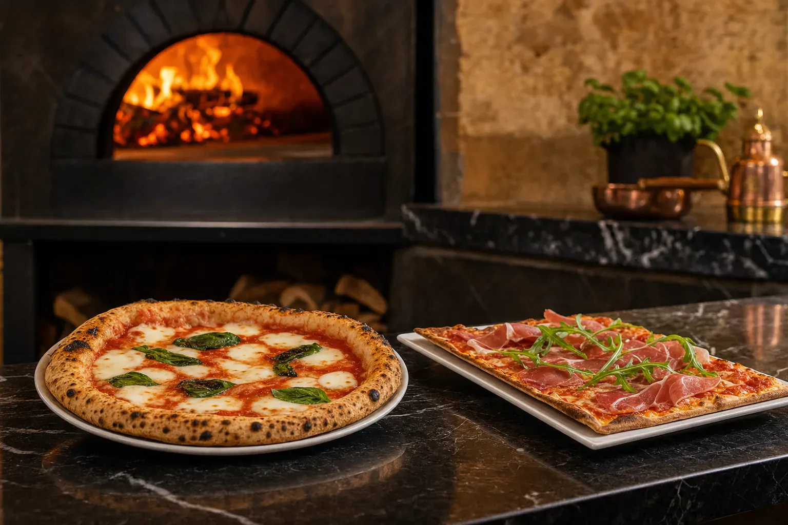 Illustration comparant une pizza napolitaine au bord épais et une pizza romaine fine et croustillante