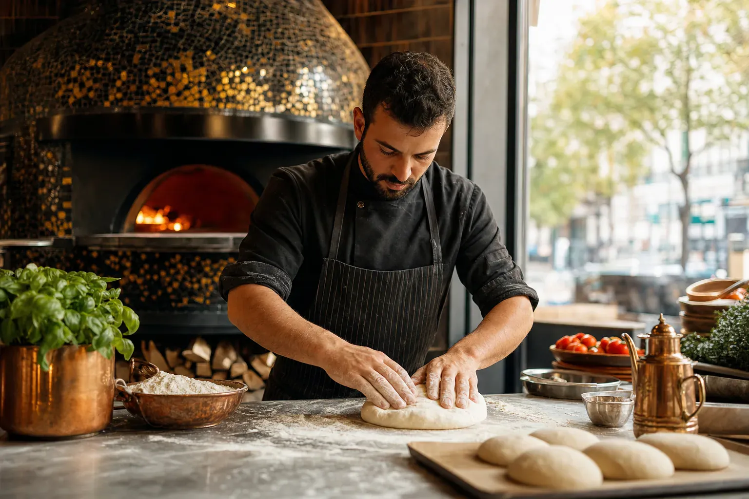 Illustration de la fabrication d'une pâte à pizza napolitaine : farine, hydratation et fermentation