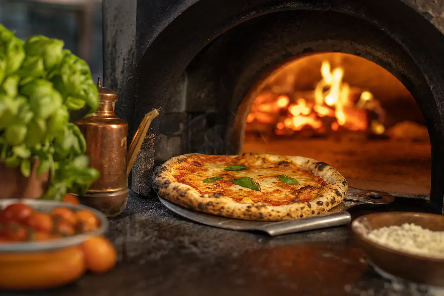 Illustration d'une pizza cuisant dans un four à bois à flammes vives en moins de deux minutes
