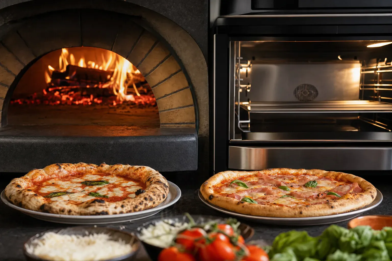 Illustration comparant la cuisson d'une pizza au feu de bois et au four électrique