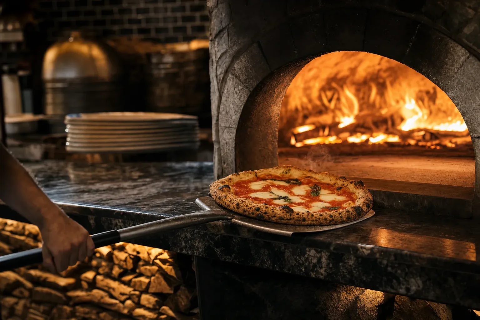 Pizza cuite au feu de bois devant les flammes vives d'un four à briques